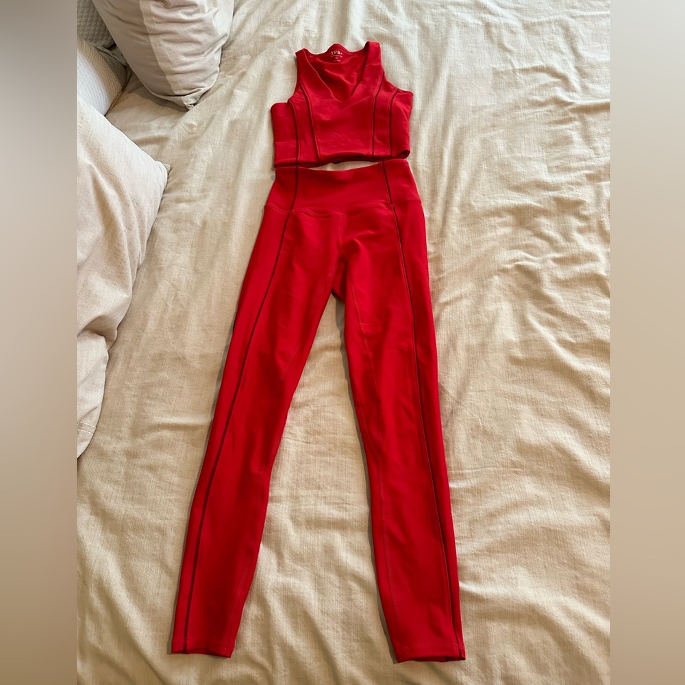 Abercrombie Cranberry Stripe Leggings and Matching Sports Crop
